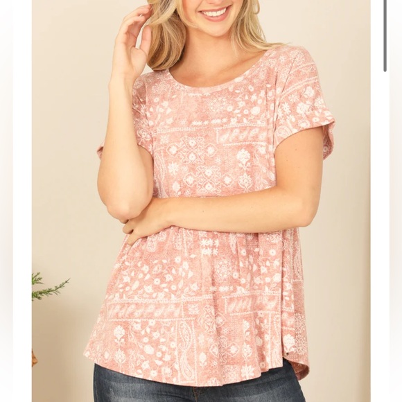 FSL Apparel | Babydoll Rolled Sleeve Tee Blouse‎ Boho Print - Picture 2 of 11